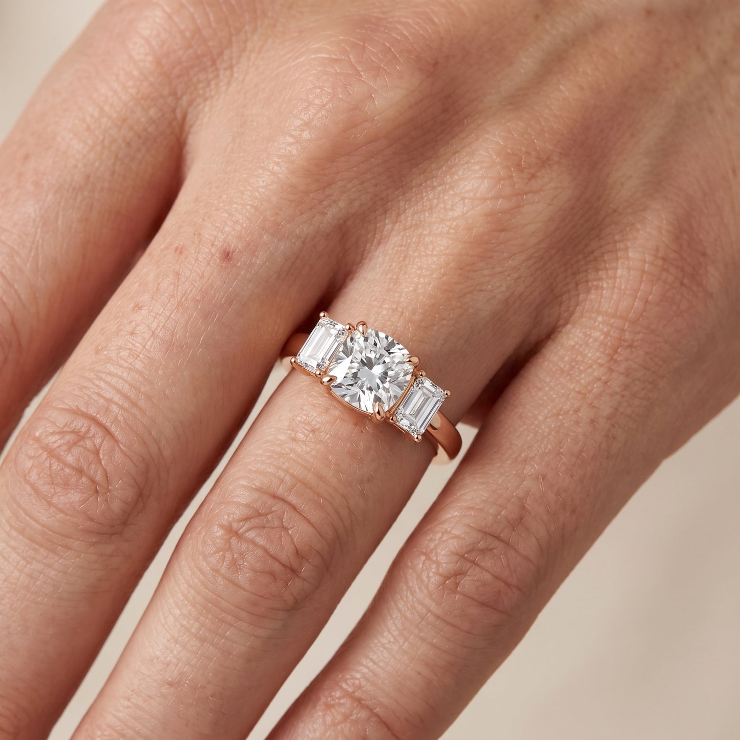Zoe Three-Stone Cushion Diamond Ring in Rose Gold - lifestyle.jpg