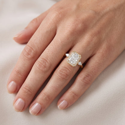Eliza Halo Sidestone Radiant Diamond Engagement Ring in Yellow Gold - lifestyle.jpg
