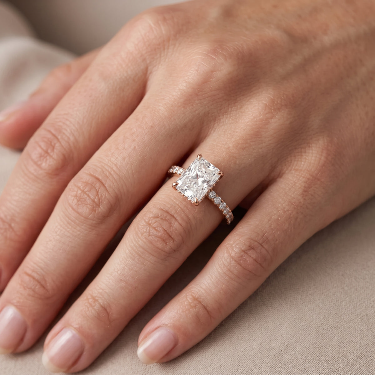 Thea Hidden Halo Pavé Radiant Diamond Engagement Ring in Rose Gold - lifestyle.jpg