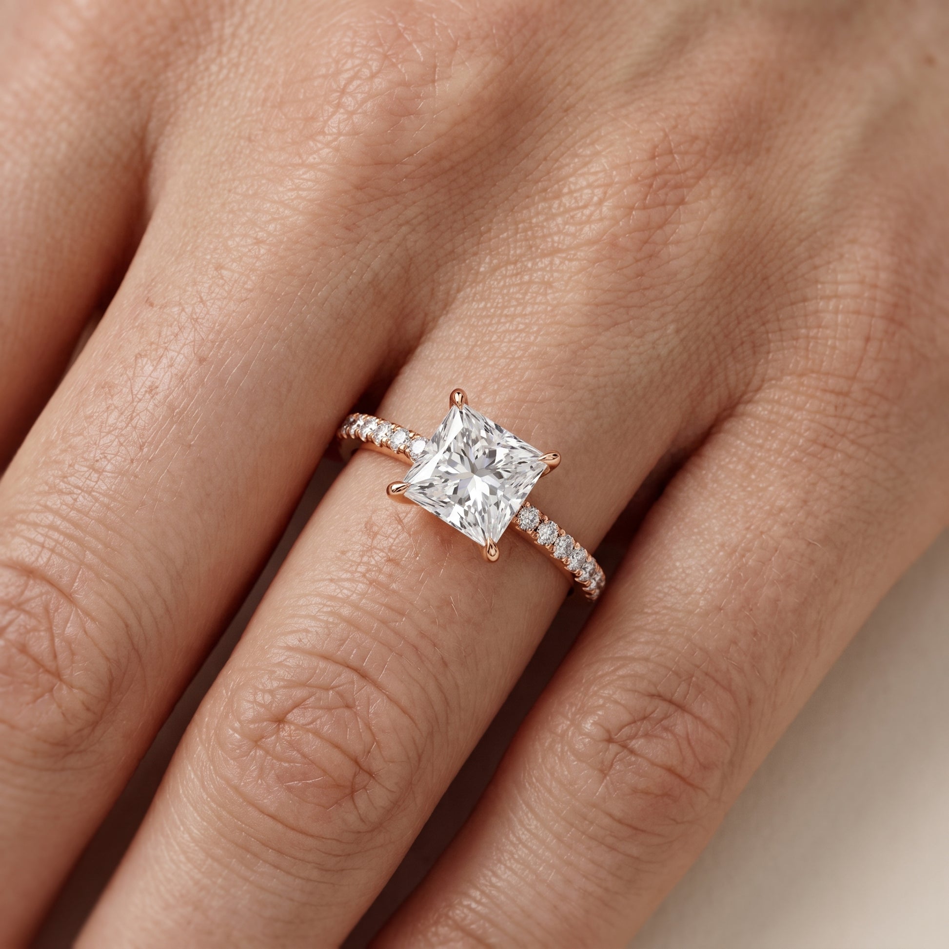 Ione Solitaire Pavé Princess Diamond Engagement Ring in Rose Gold - lifestyle.jpg