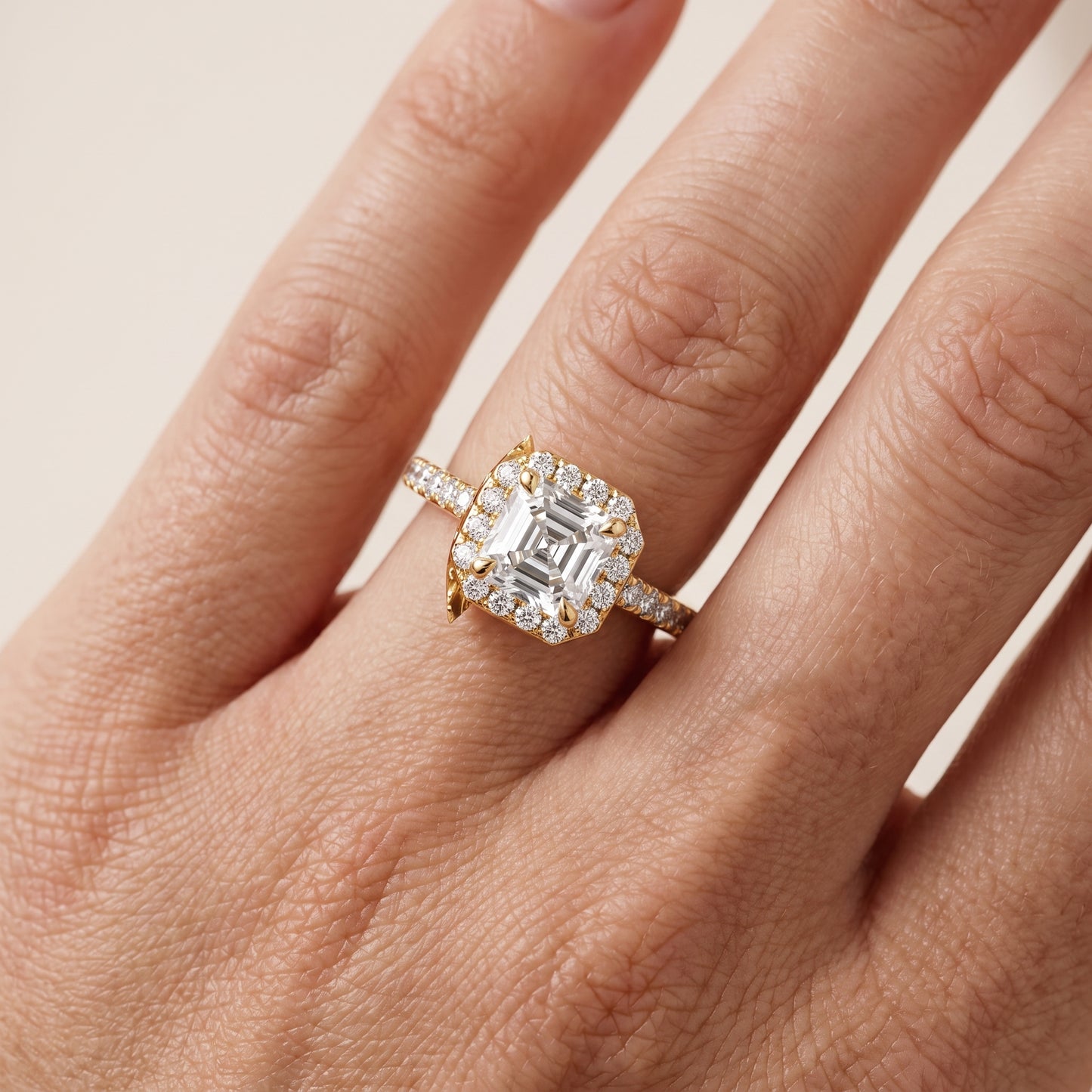 Amara Halo Claw Prong Asscher Diamond Ring in Yellow Gold - lifestyle.jpg