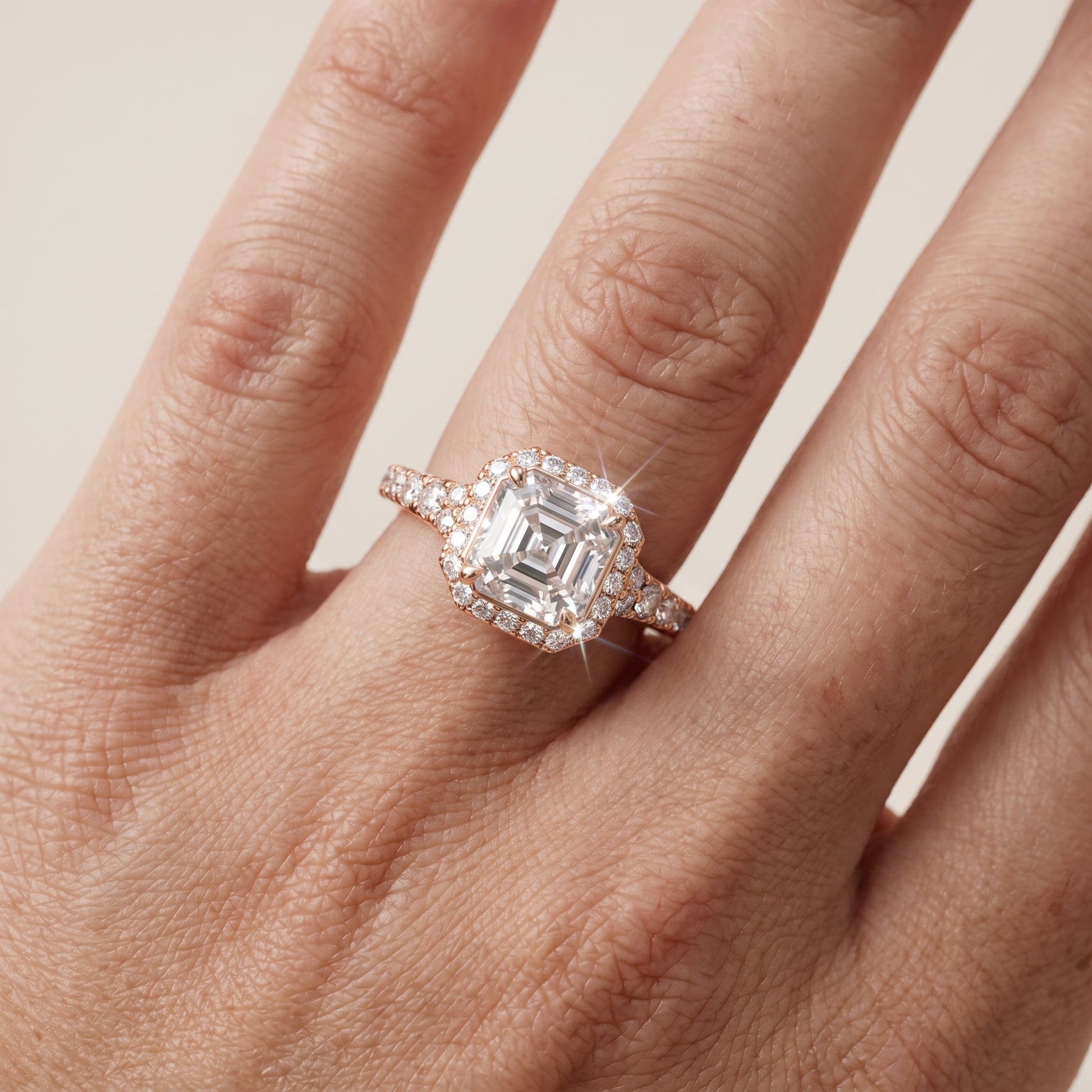 Bella Halo Pavé Asscher Diamond Engagement Ring in Rose Gold - lifestyle.jpg