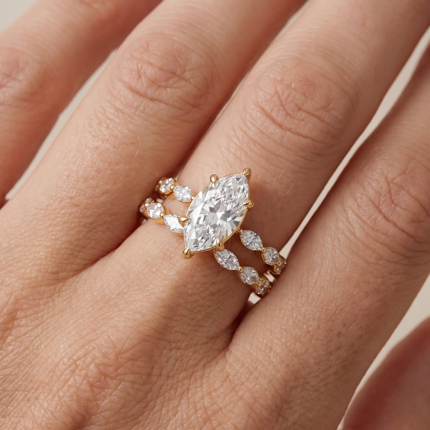 Elina Split Shank Marquise Accent Marquise Diamond Engagement Ring in Yellow Gold - lifestyle.jpg