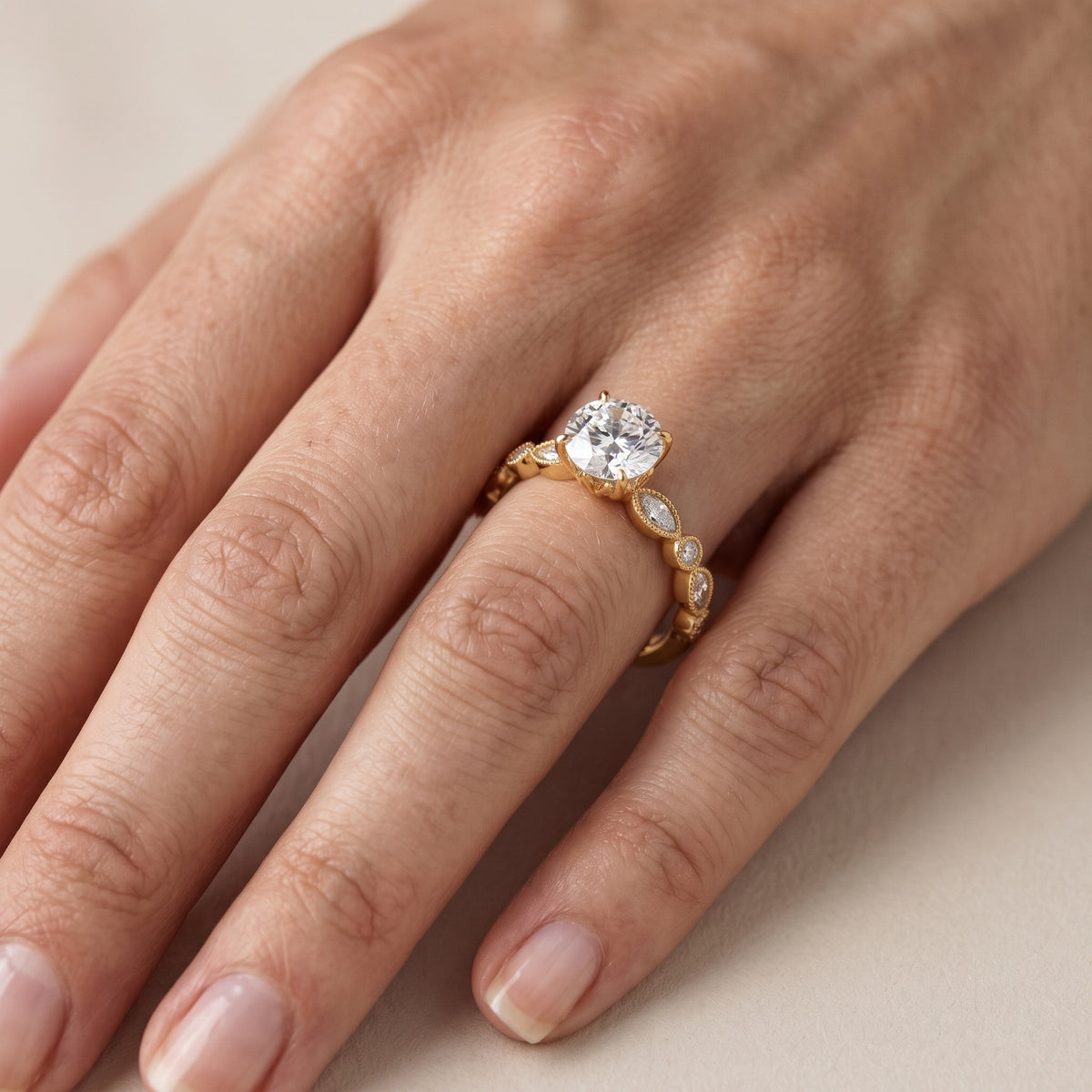 Lena Milgrain Leaf Round Diamond Engagement Ring in Silver - lifestyle.jpg