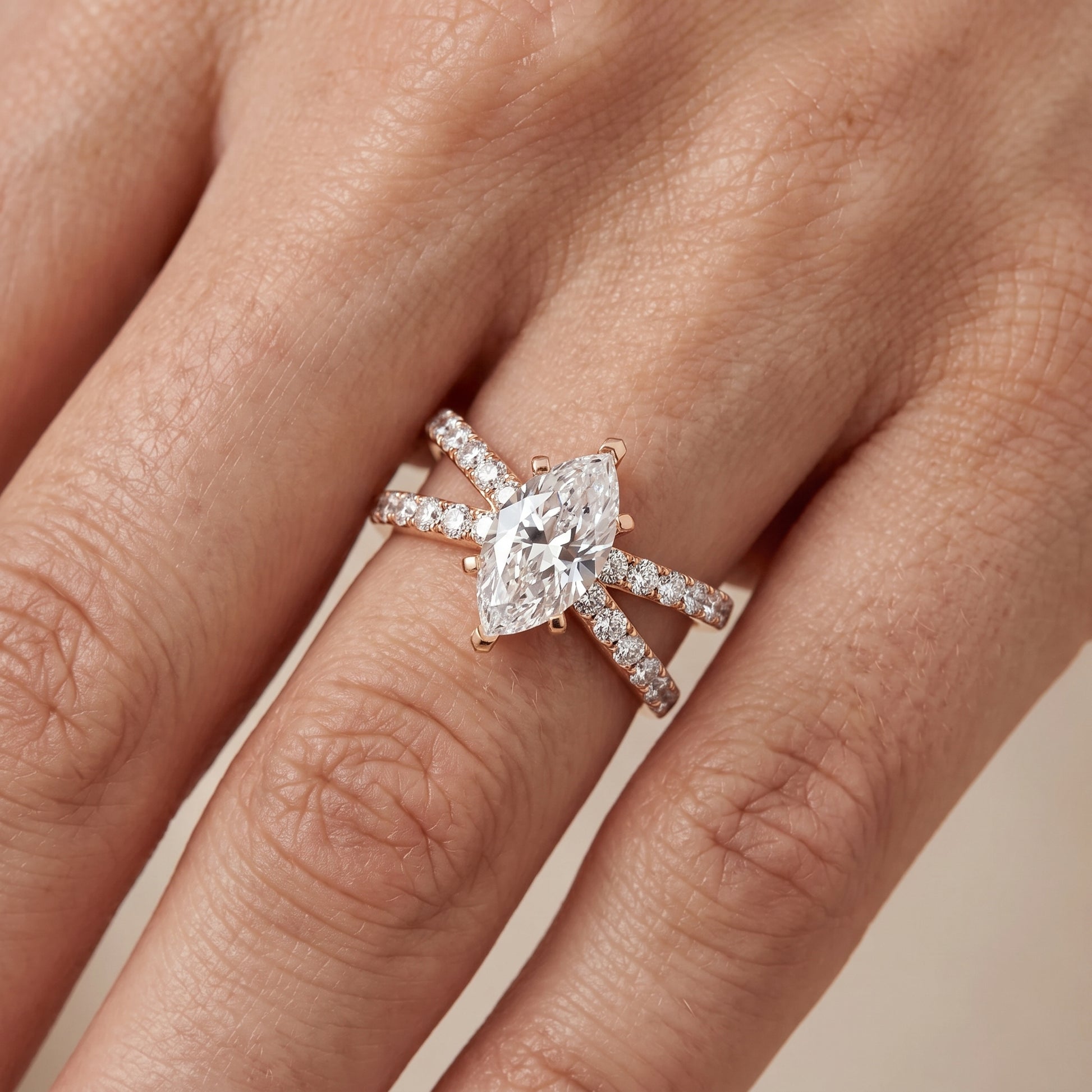 Lior Criss Cross Pavé Marquise Diamond Engagement Ring in Rose Gold - lifestyle.jpg