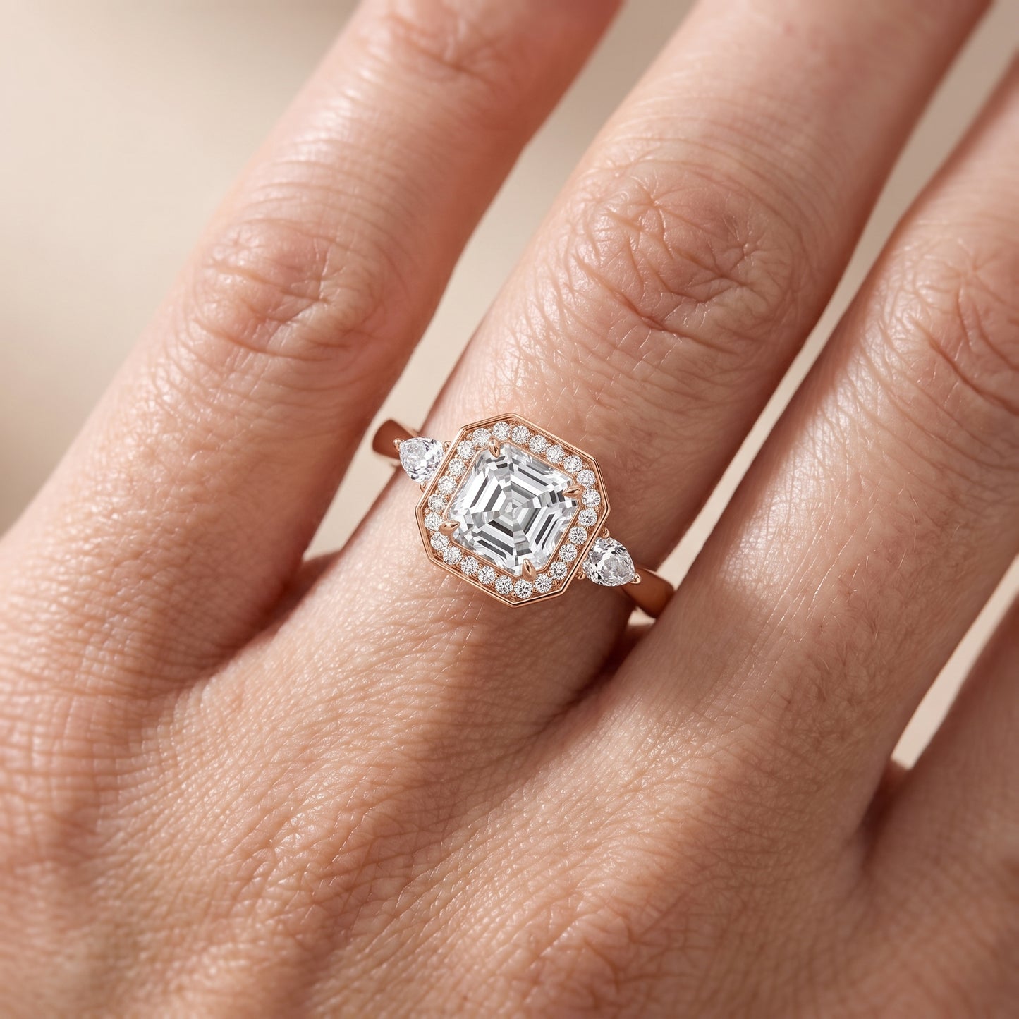 Eliza Halo Sidestone Asscher Diamond Engagement Ring in Rose Gold - lifestyle.jpg