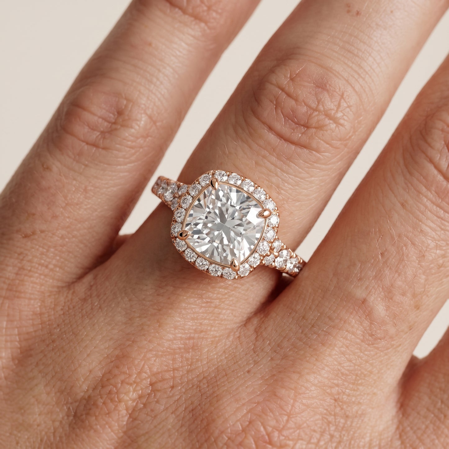 Bella Halo Pavé Cushion Diamond Engagement Ring in Rose Gold - lifestyle.jpg