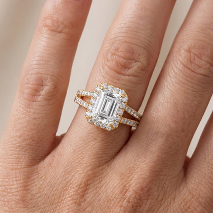 Kira Halo Split Shank Emerald Diamond Engagement Ring in Yellow Gold - lifestyle.jpg