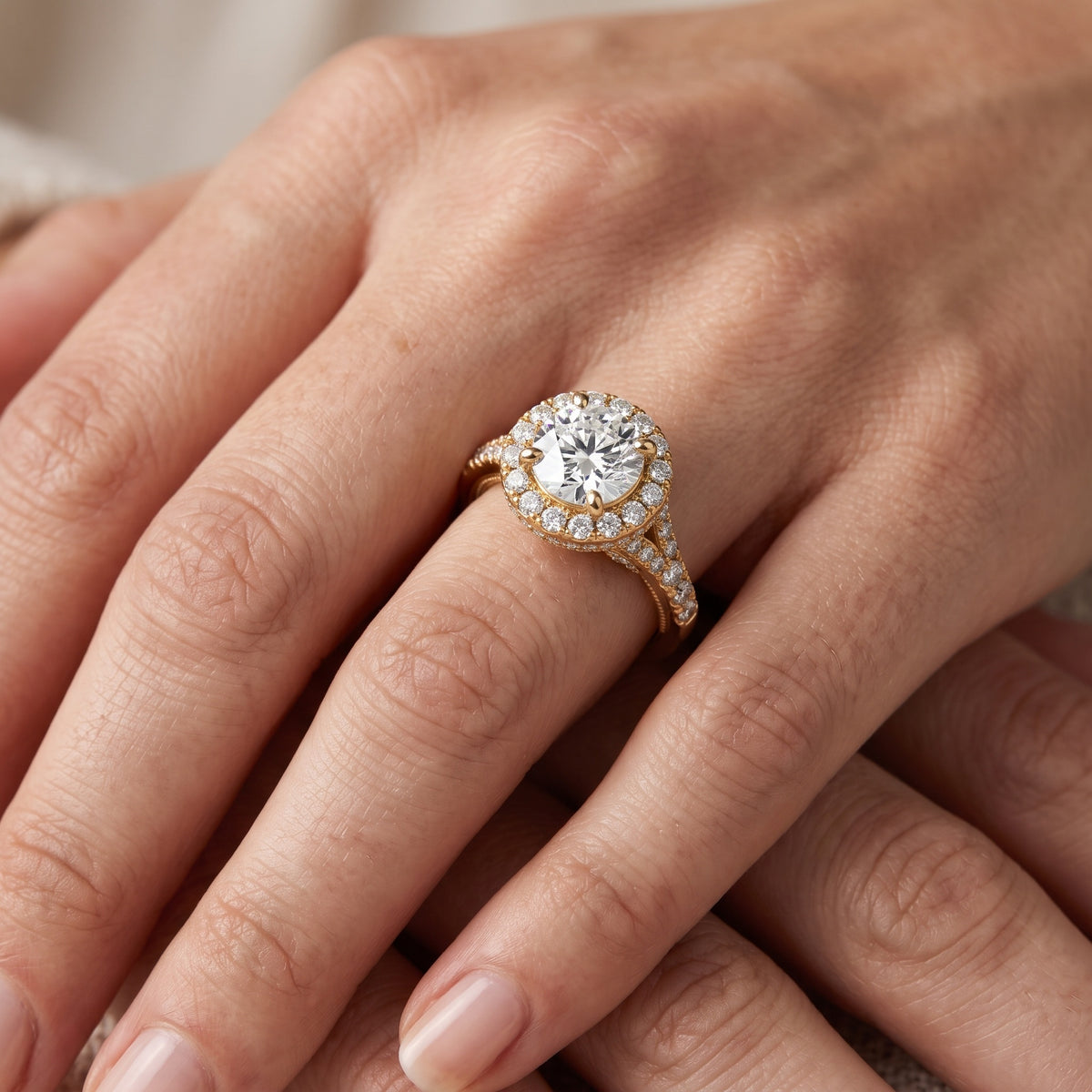 Kenner Halo Split Shank Round Diamond Engagement Ring in Yellow Gold - lifestyle.jpg