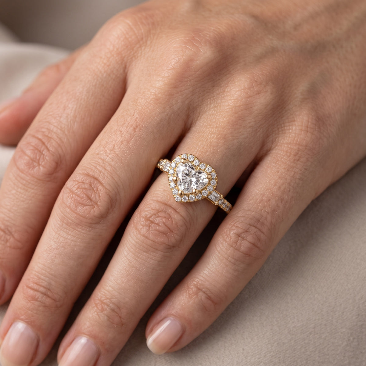 Provo Baguette Halo Heart Diamond Engagement Ring in Platinum - lifestyle.jpg
