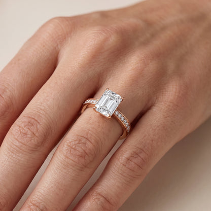 Rhea Sidestone Pavé Emerald Diamond Engagement Ring in Rose Gold - lifestyle.jpg