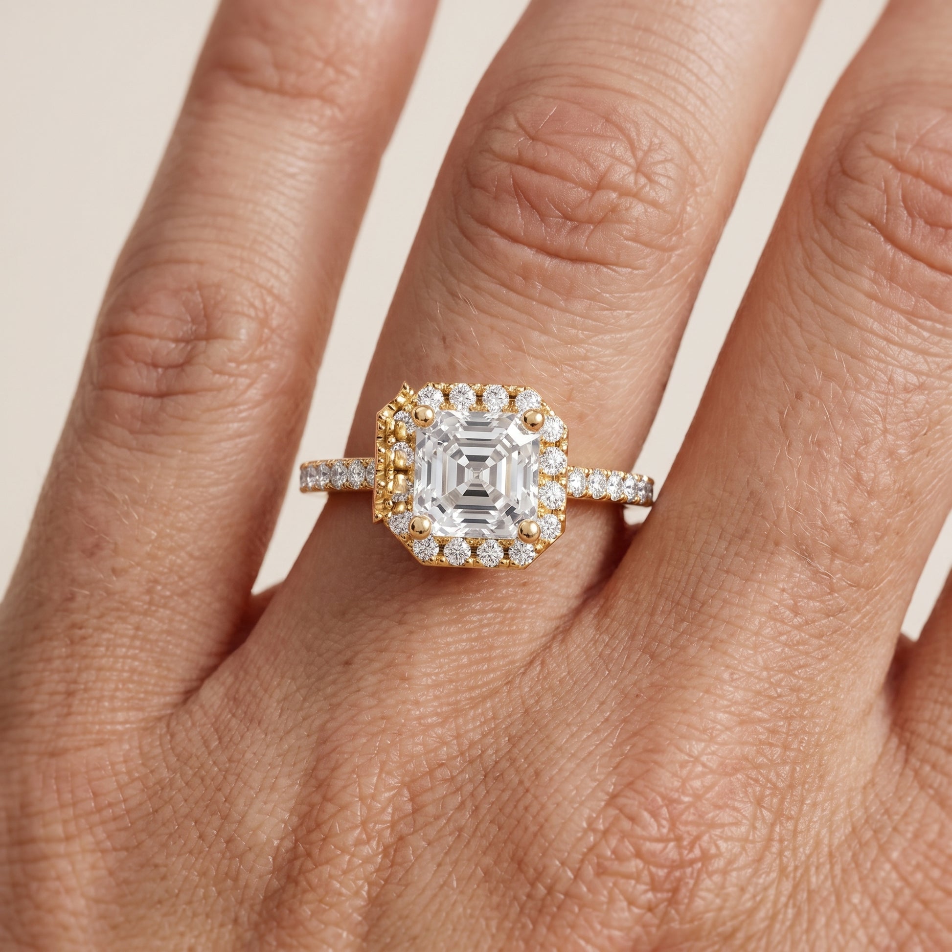 Sophie Halo Pavé Asscher Diamond Ring in Yellow Gold - lifestyle.jpg