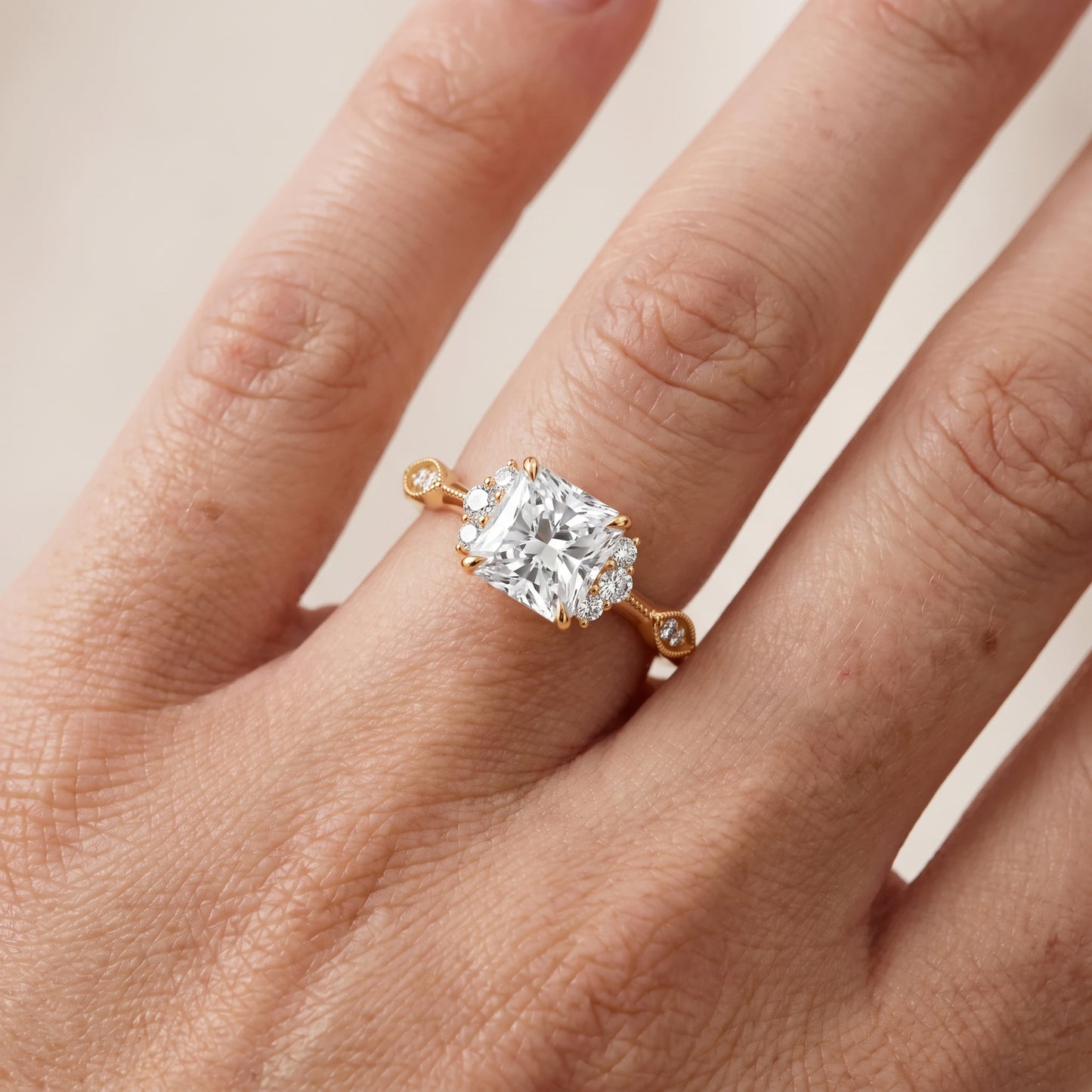 Naomi Vintage Milgrain Radiant Diamond Engagement Ring in Yellow Gold - lifestyle.jpg