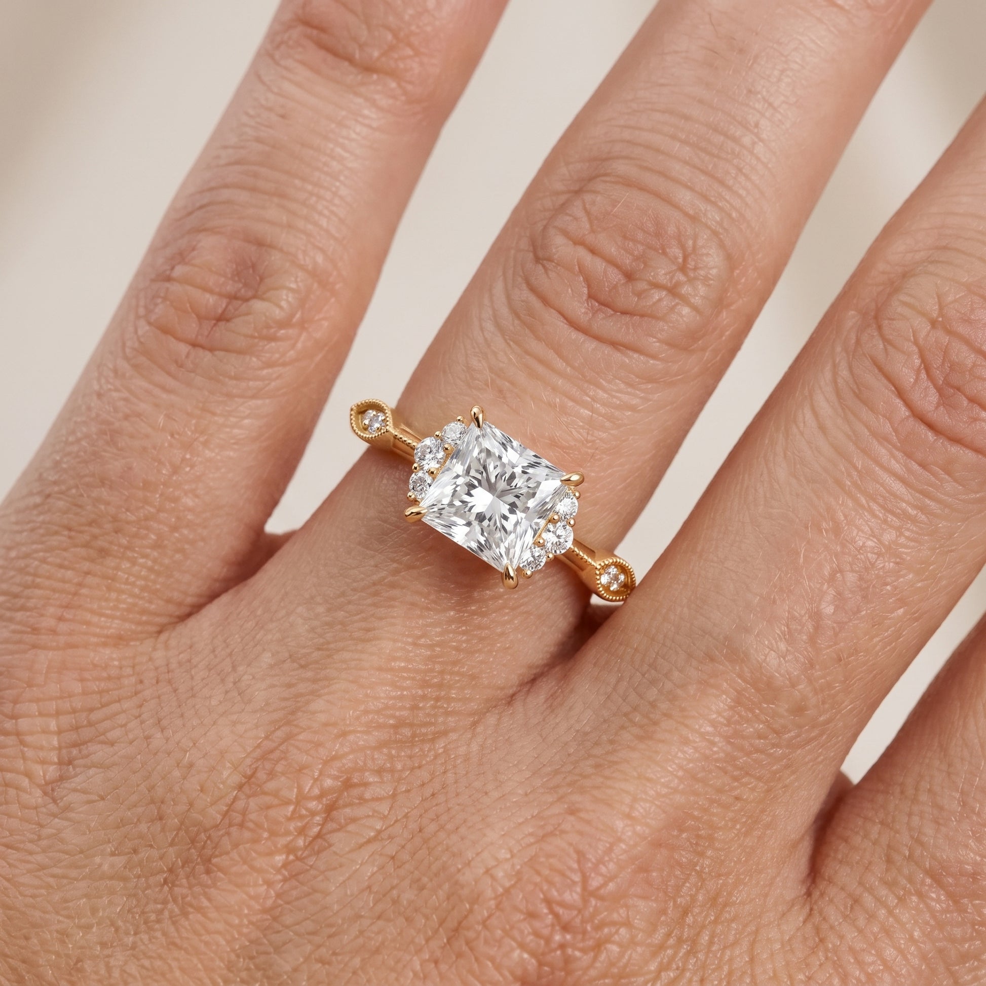 Naomi Vintage Milgrain Princess Diamond Engagement Ring in Yellow Gold - lifestyle.jpg