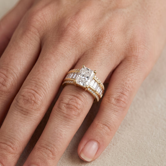 Tara Channel Set Baguette Accent Radiant Diamond Engagement Ring in Yellow Gold - lifestyle.jpg
