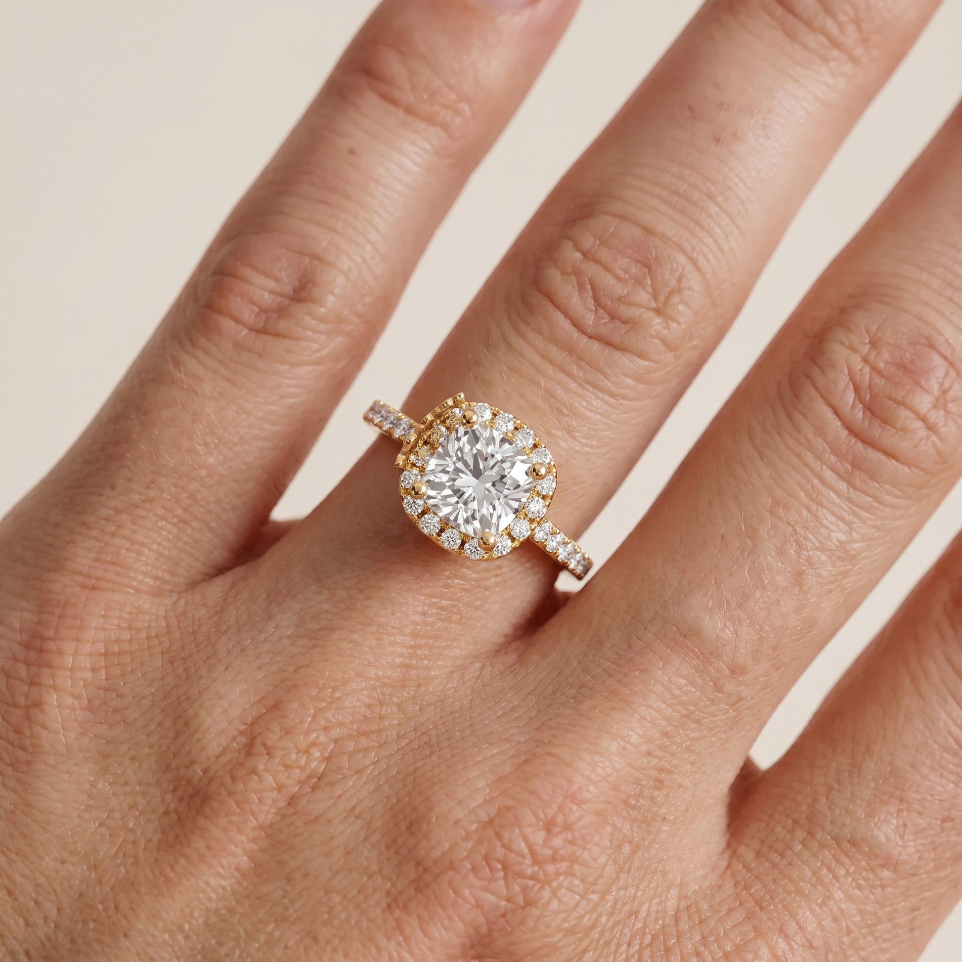 Sophie Halo Pavé Cushion Diamond Ring in Yellow Gold - lifestyle.jpg