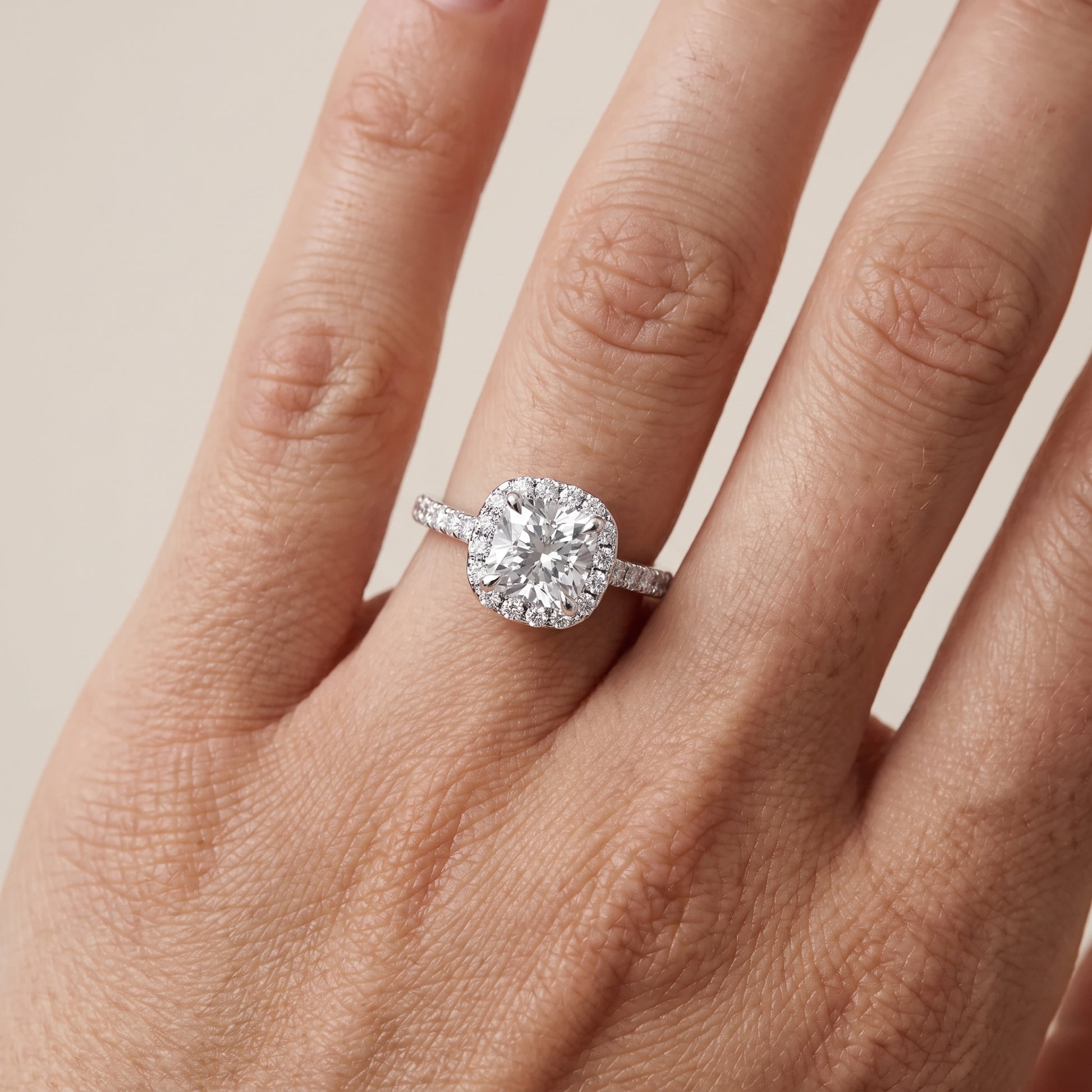 Amara Halo Claw Prong Cushion Diamond Ring in Silver - lifestyle.jpg