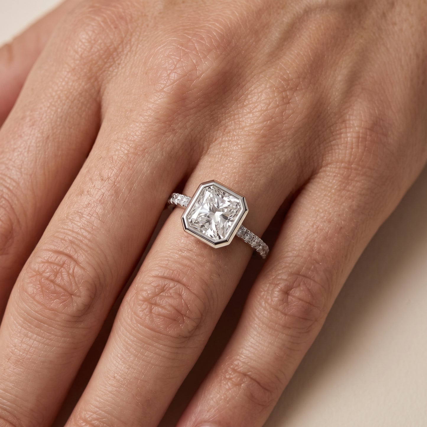 Cora Bezel Pavé Radiant Diamond Ring in Platinum - lifestyle.jpg