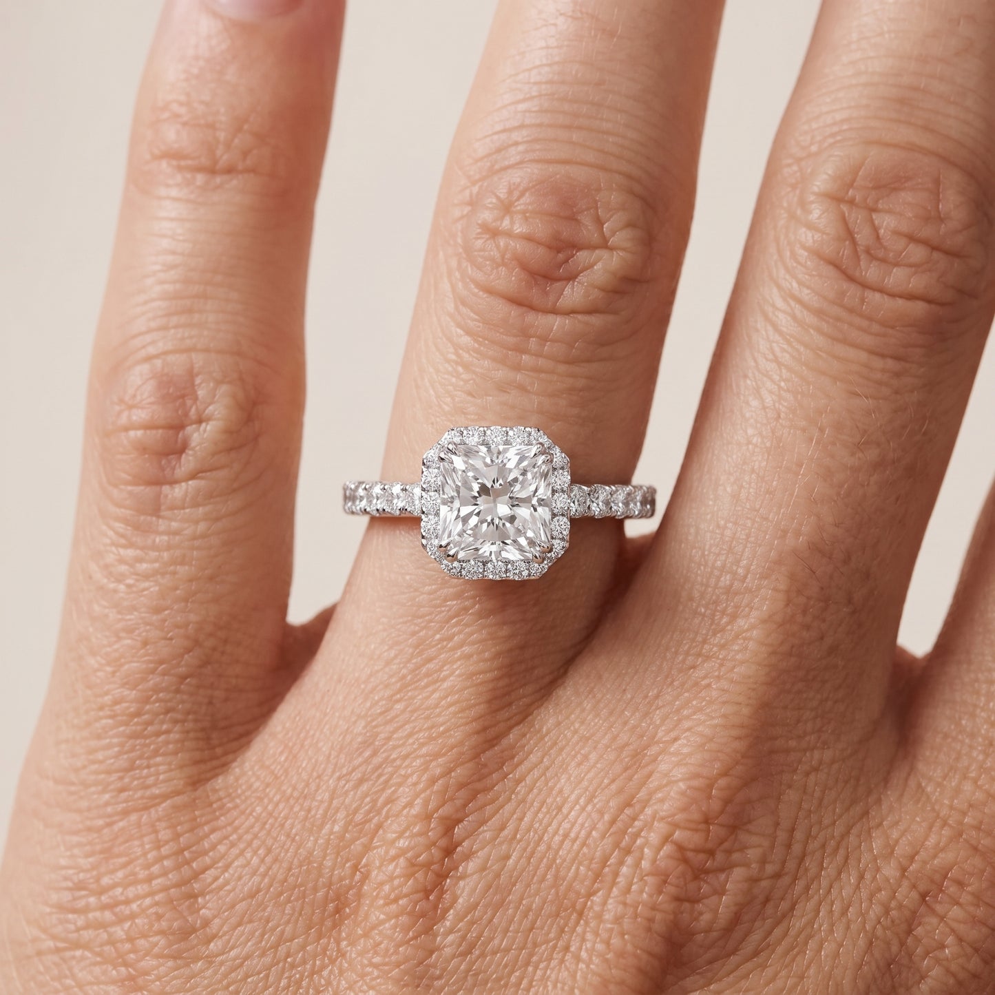Chloe Halo Pavé Radiant Diamond Ring in Silver - lifestyle.jpg