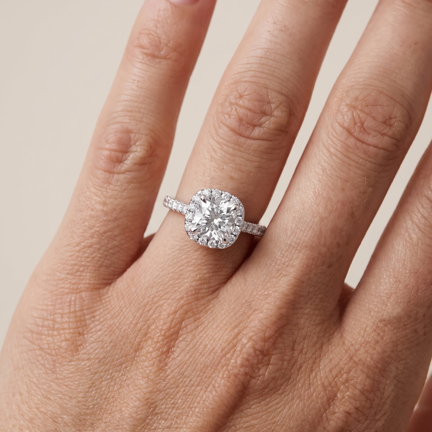 Amara Halo Claw Prong Cushion Diamond Ring in White Gold - lifestyle.jpg