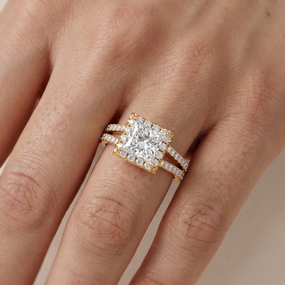 Kira Halo Split Shank Princess Diamond Engagement Ring in Yellow Gold - lifestyle.jpg