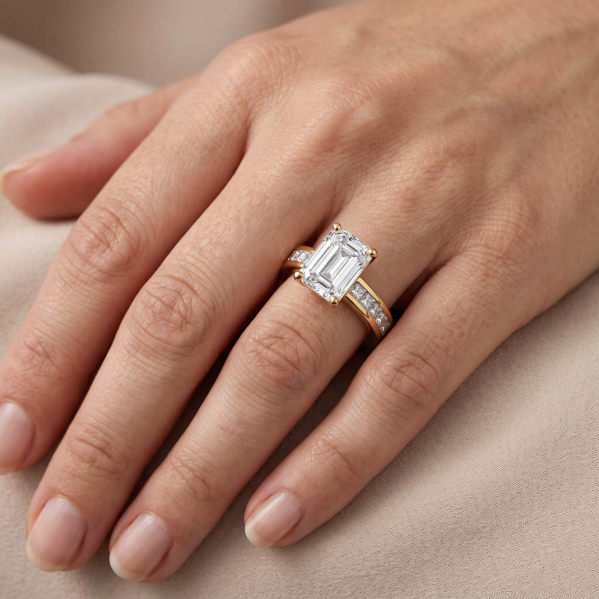 Frisco Channel Set Emerald Diamond Engagement Ring in Yellow Gold - lifestyle.jpg