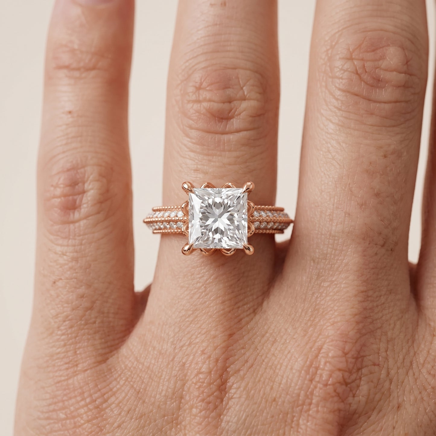 Indie Vintage Milgrain Princess Diamond Engagement Ring in Rose Gold - lifestyle.jpg