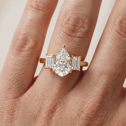 Zoe Three-Stone Pear Diamond Ring in Yellow Gold - lifestyle.jpg