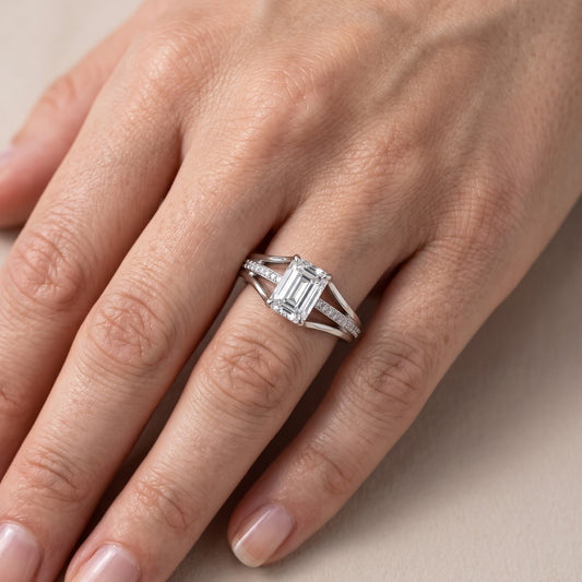 Lucinda Split Shank Emerald Diamond Engagement Ring in Platinum - lifestyle.jpg