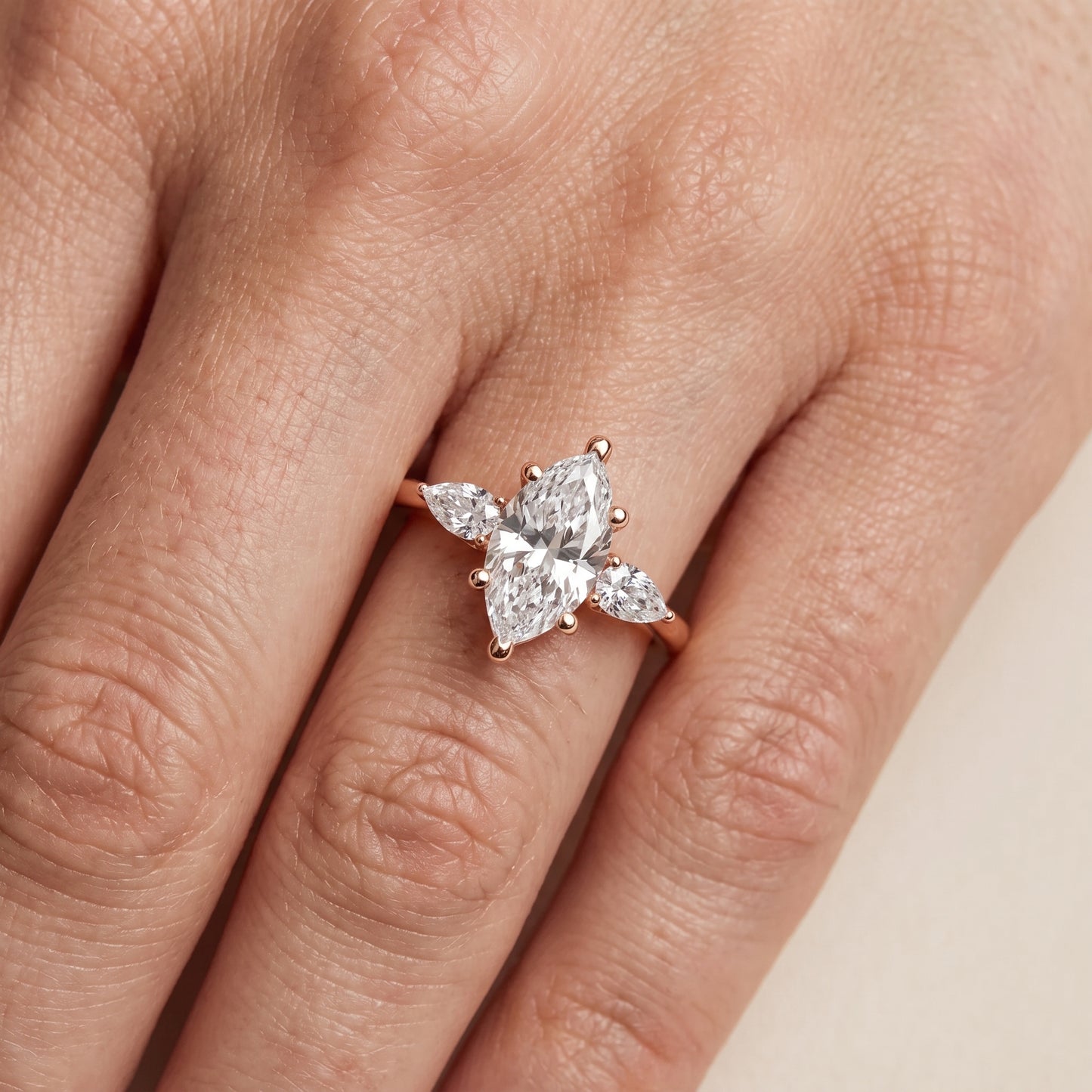 Faye Three-Stone Trellis Marquise Diamond Ring in Rose Gold - lifestyle.jpg