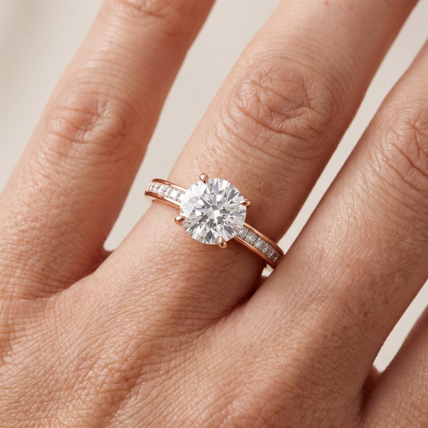 Maren Sidestone Channel Set Round Diamond Engagement Ring in Rose Gold - lifestyle.jpg