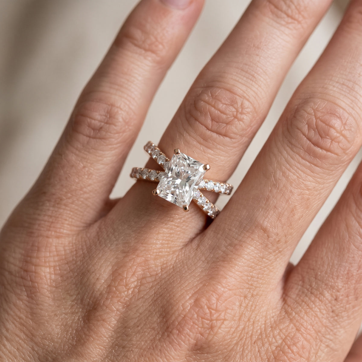 Ilaria Criss Cross Pavé Radiant Diamond Engagement Ring in Rose Gold - lifestyle.jpg