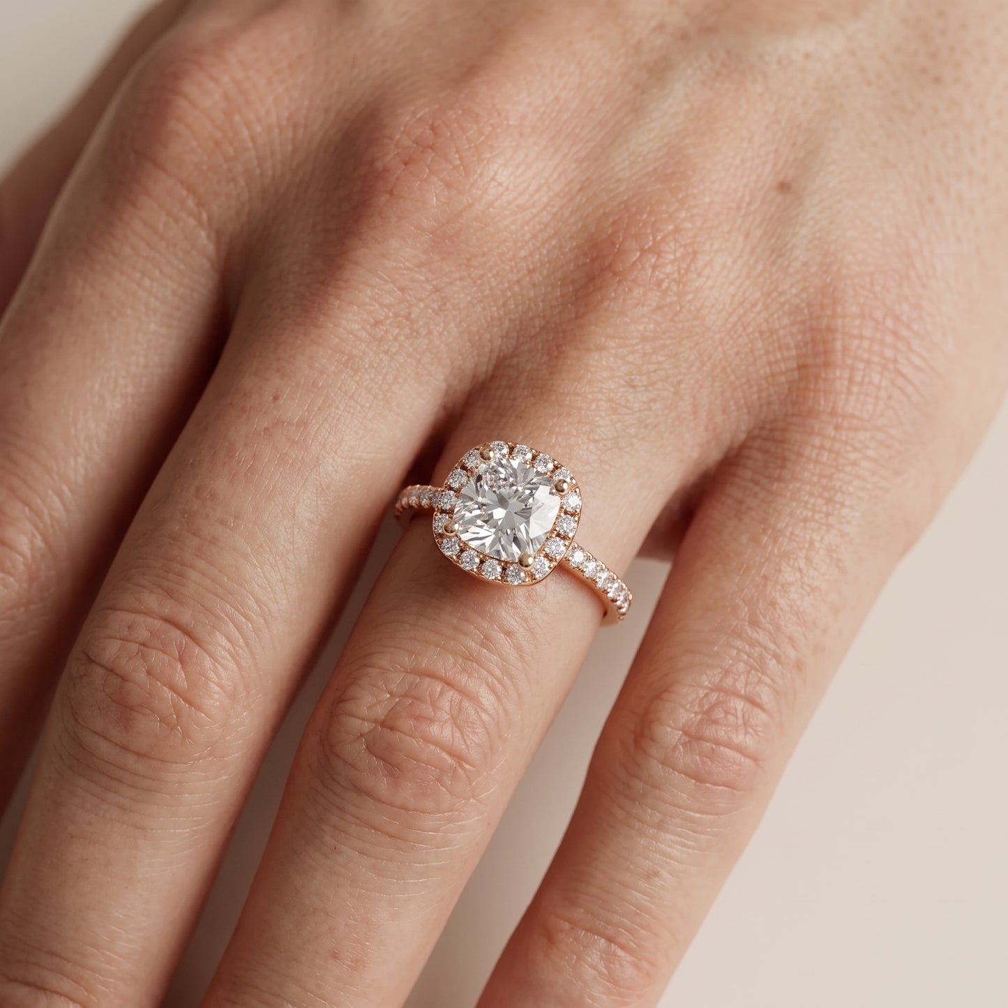 Sophie Halo Pavé Cushion Diamond Ring in Rose Gold - lifestyle.jpg