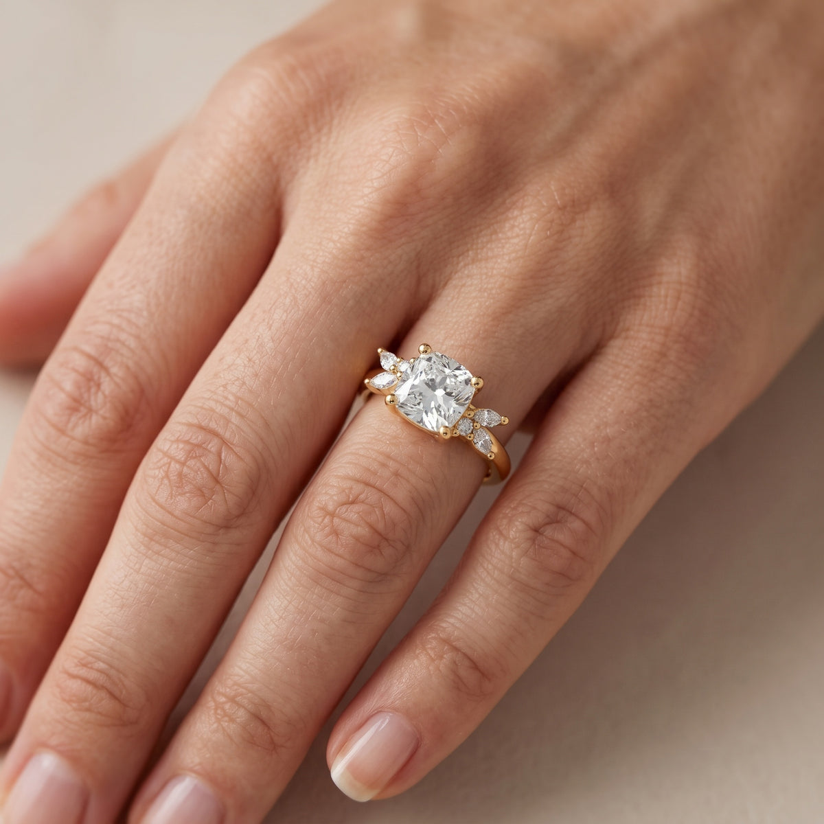 Avon Leaf Cluster Cushion Diamond Engagement Ring in Silver - lifestyle.jpg