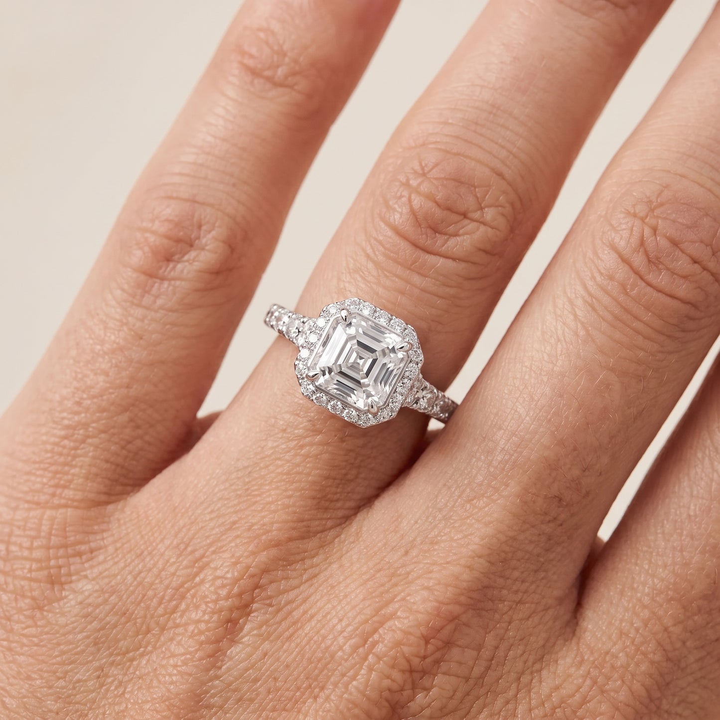 Bella Halo Pavé Asscher Diamond Engagement Ring in White Gold - lifestyle.jpg