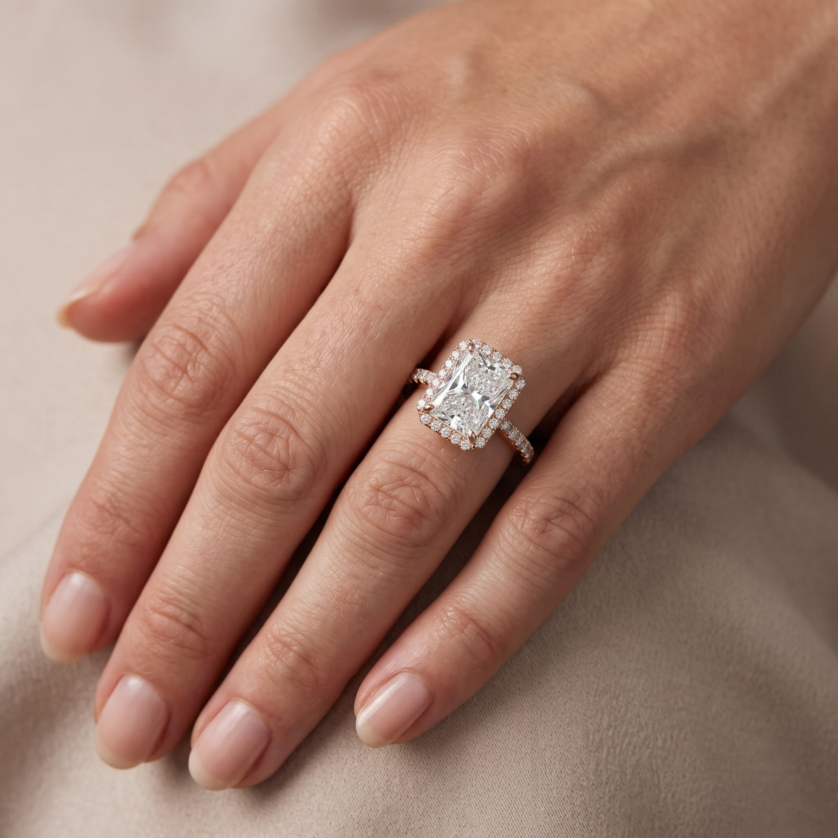 Willa Halo Micropavé Radiant Diamond Engagement Ring in Rose Gold - lifestyle.jpg