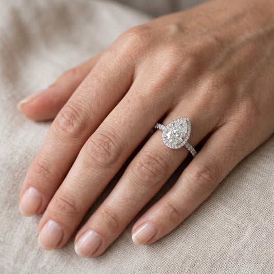Mabel Halo French Pavé Pear Diamond Engagement Ring in White Gold - lifestyle.jpg