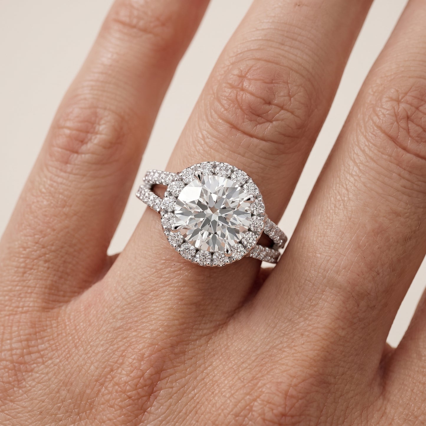 Kira Halo Split Shank Round Diamond Engagement Ring in White Gold - lifestyle.jpg