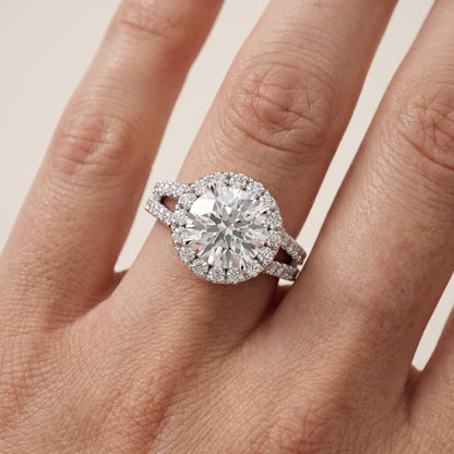 Kira Halo Split Shank Round Diamond Engagement Ring in White Gold - lifestyle.jpg