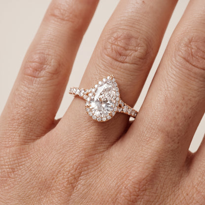 Bella Halo Pavé Pear Diamond Engagement Ring in Rose Gold - lifestyle.jpg