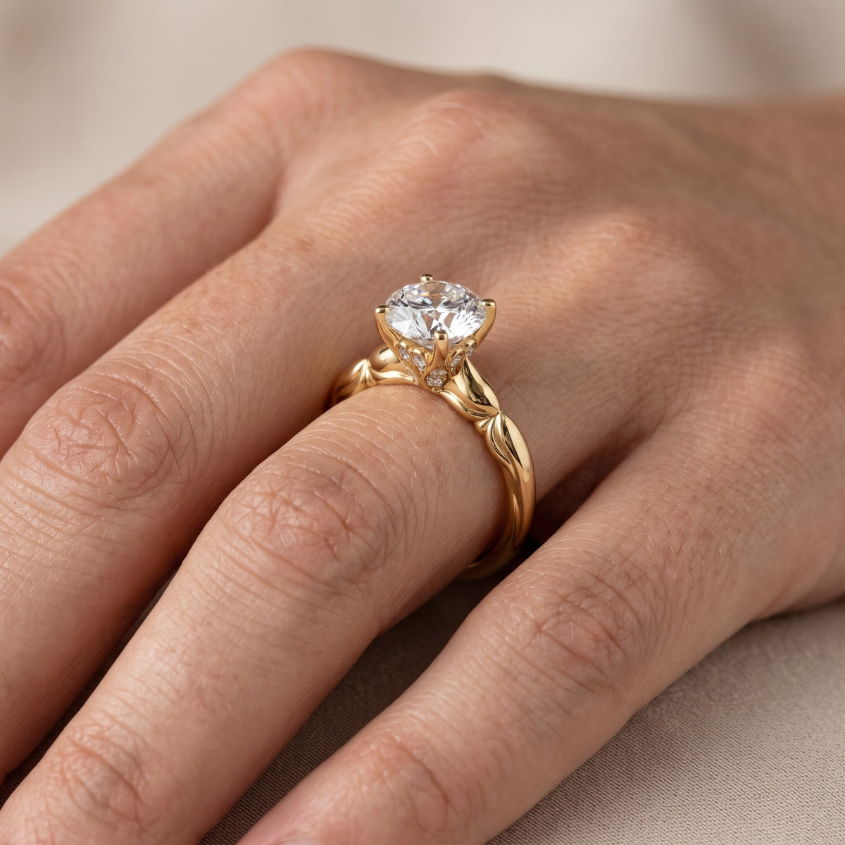 Verena Engraved Leaf Round Diamond Engagement Ring in Rose Gold - lifestyle.jpg