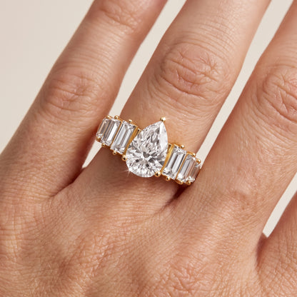 Mara Sidestone Baguette Accent Pear Diamond Engagement Ring in Yellow Gold - lifestyle.jpg