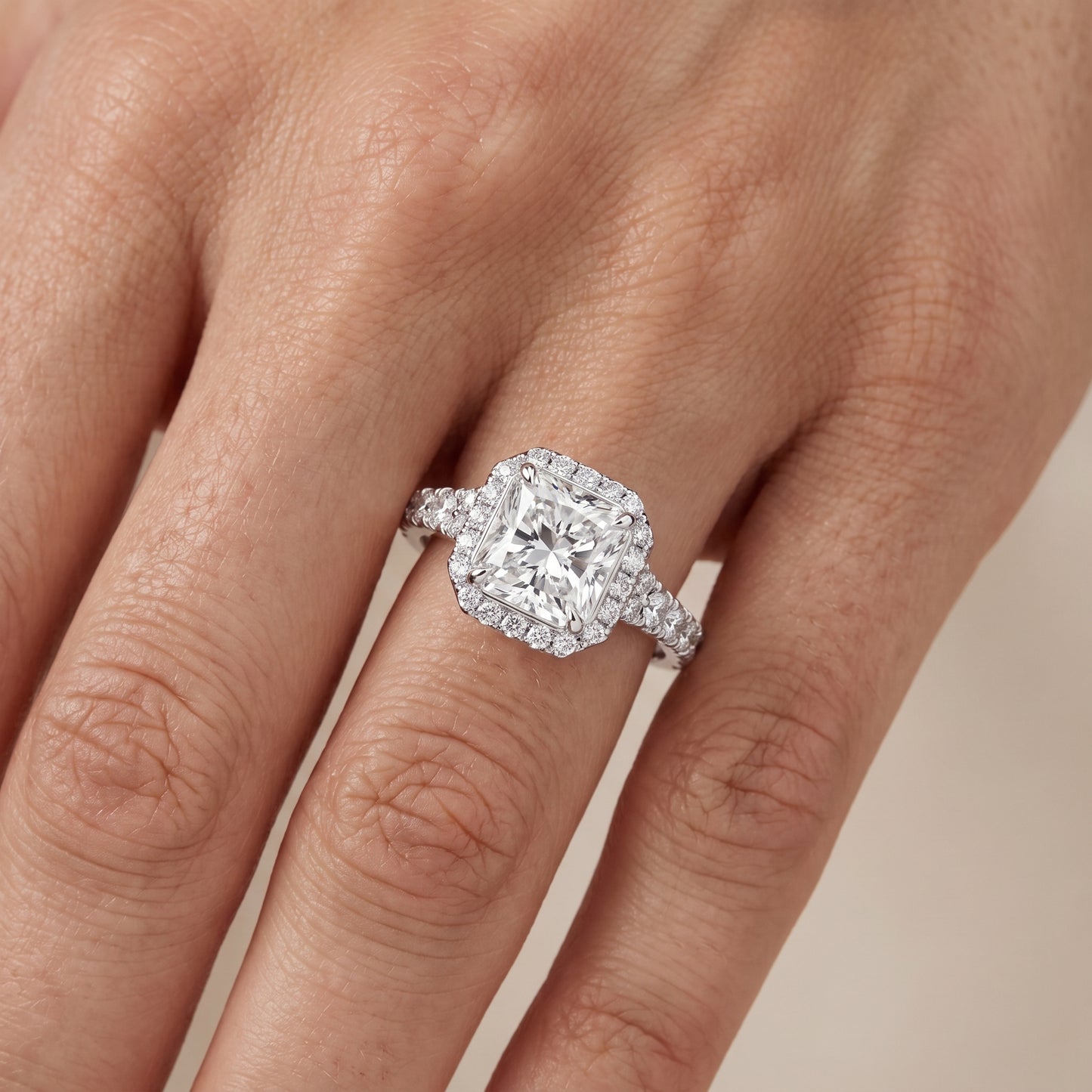Bella Halo Pavé Radiant Diamond Engagement Ring in Platinum - lifestyle.jpg