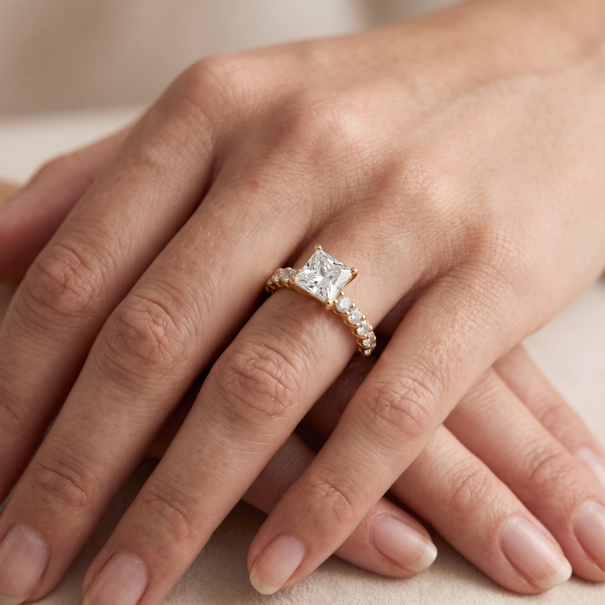 Heloise Statement Pavé Princess Diamond Engagement Ring in Platinum - lifestyle.jpg