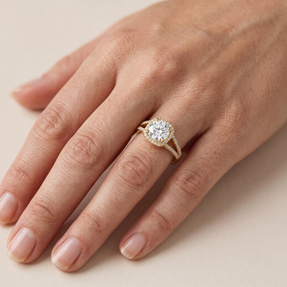 Nola Halo Split Shank Round Diamond Engagement Ring in Rose Gold - lifestyle.jpg