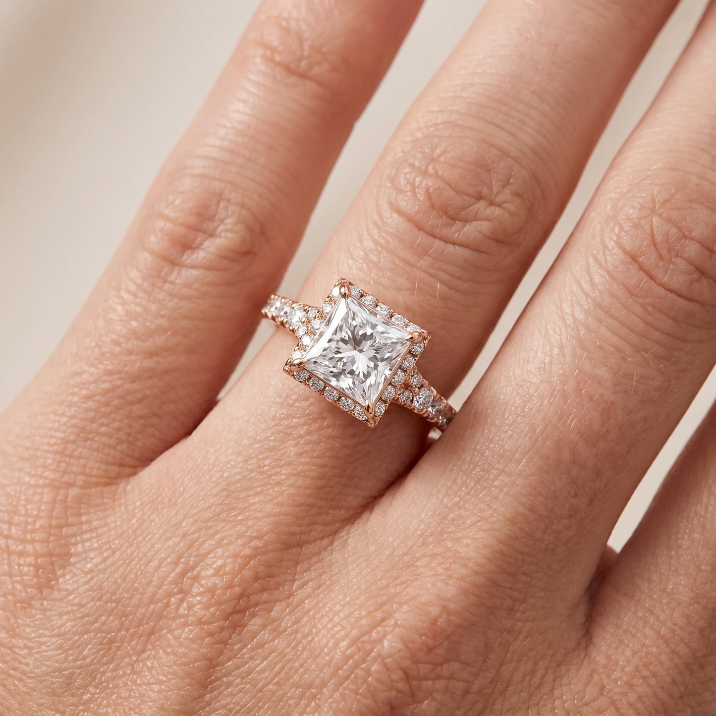 Bella Halo Pavé Princess Diamond Engagement Ring in Rose Gold - lifestyle.jpg
