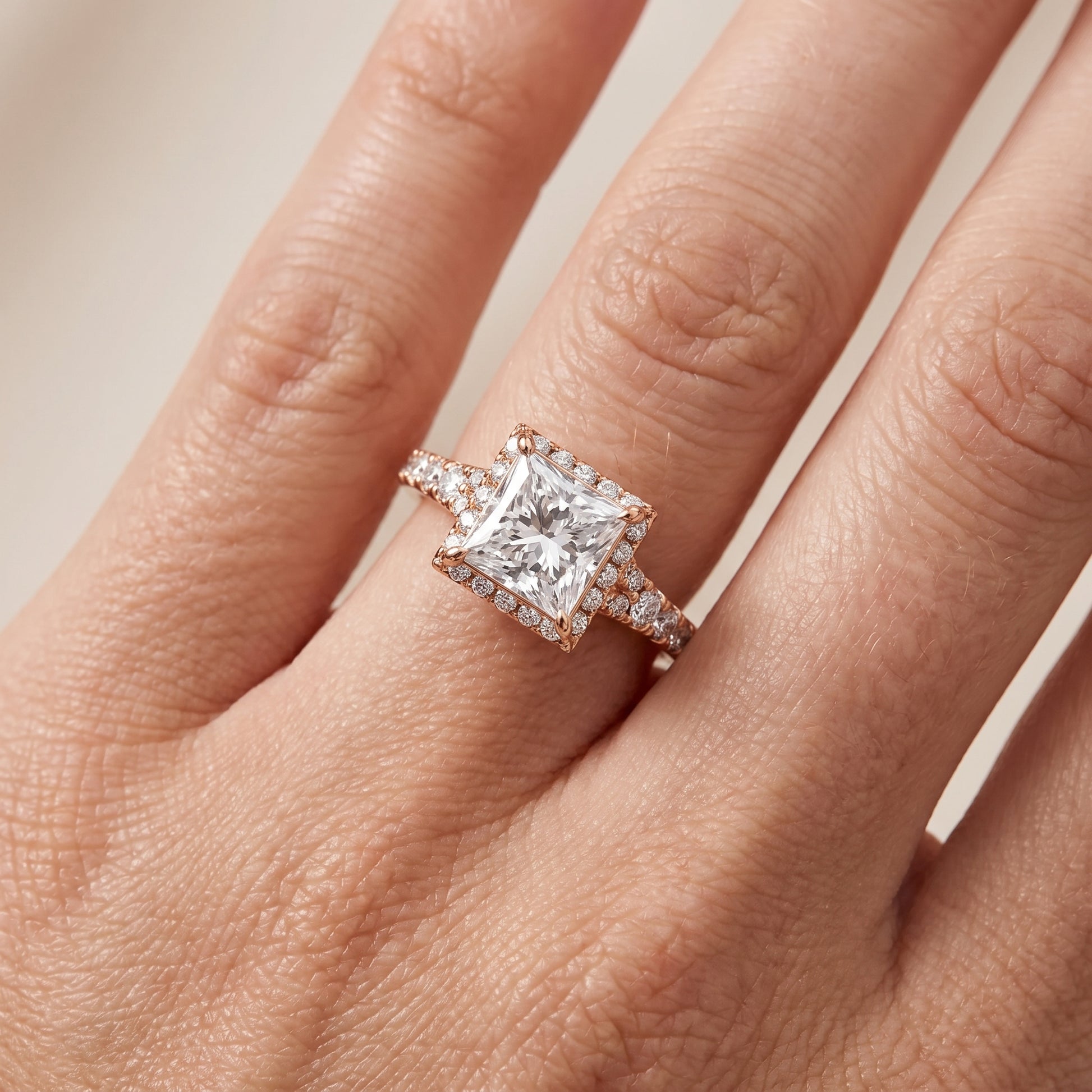 Bella Halo Pavé Princess Diamond Engagement Ring in Rose Gold - lifestyle.jpg