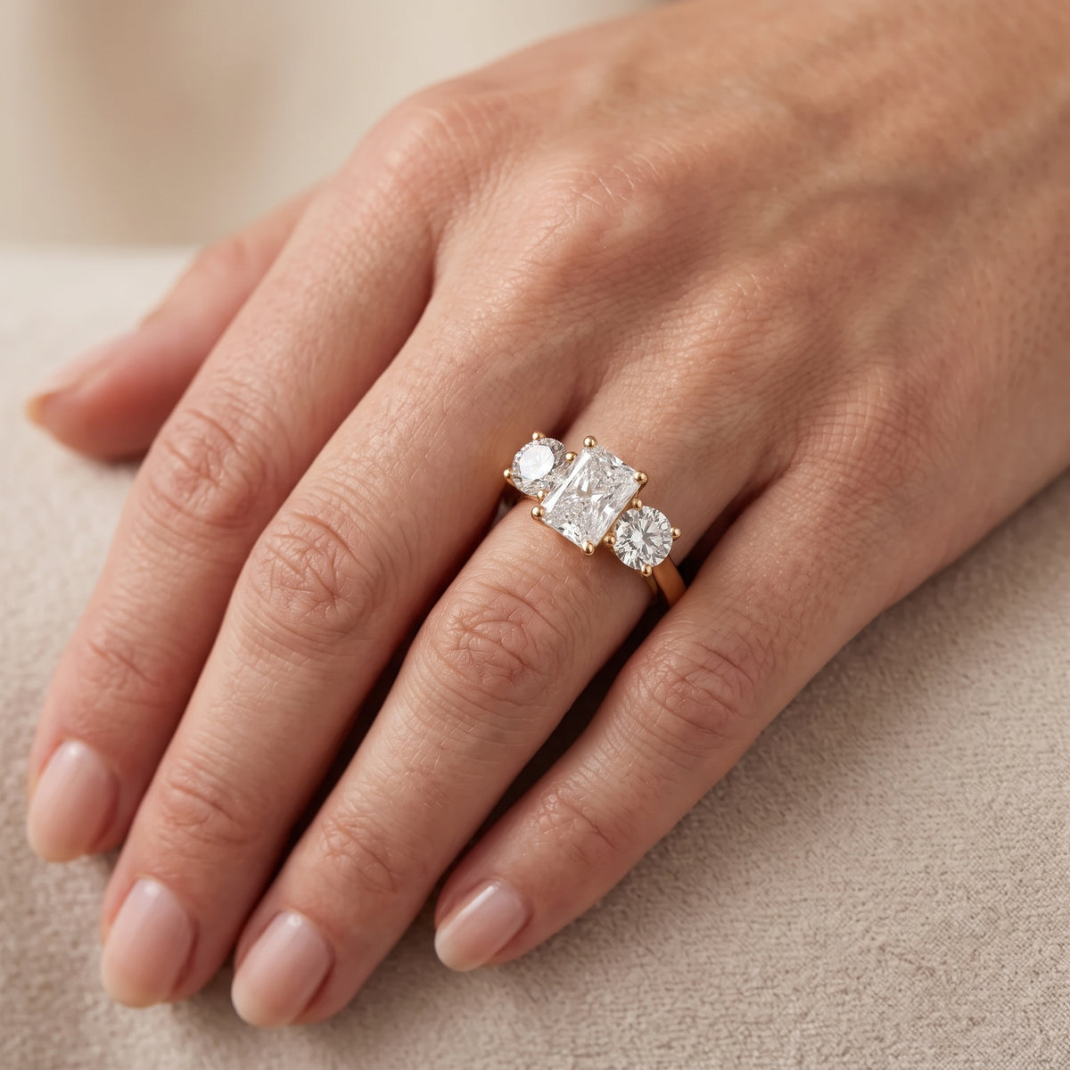 Callie Three-Stone Trellis Radiant Diamond Engagement Ring in Yellow Gold - lifestyle.jpg