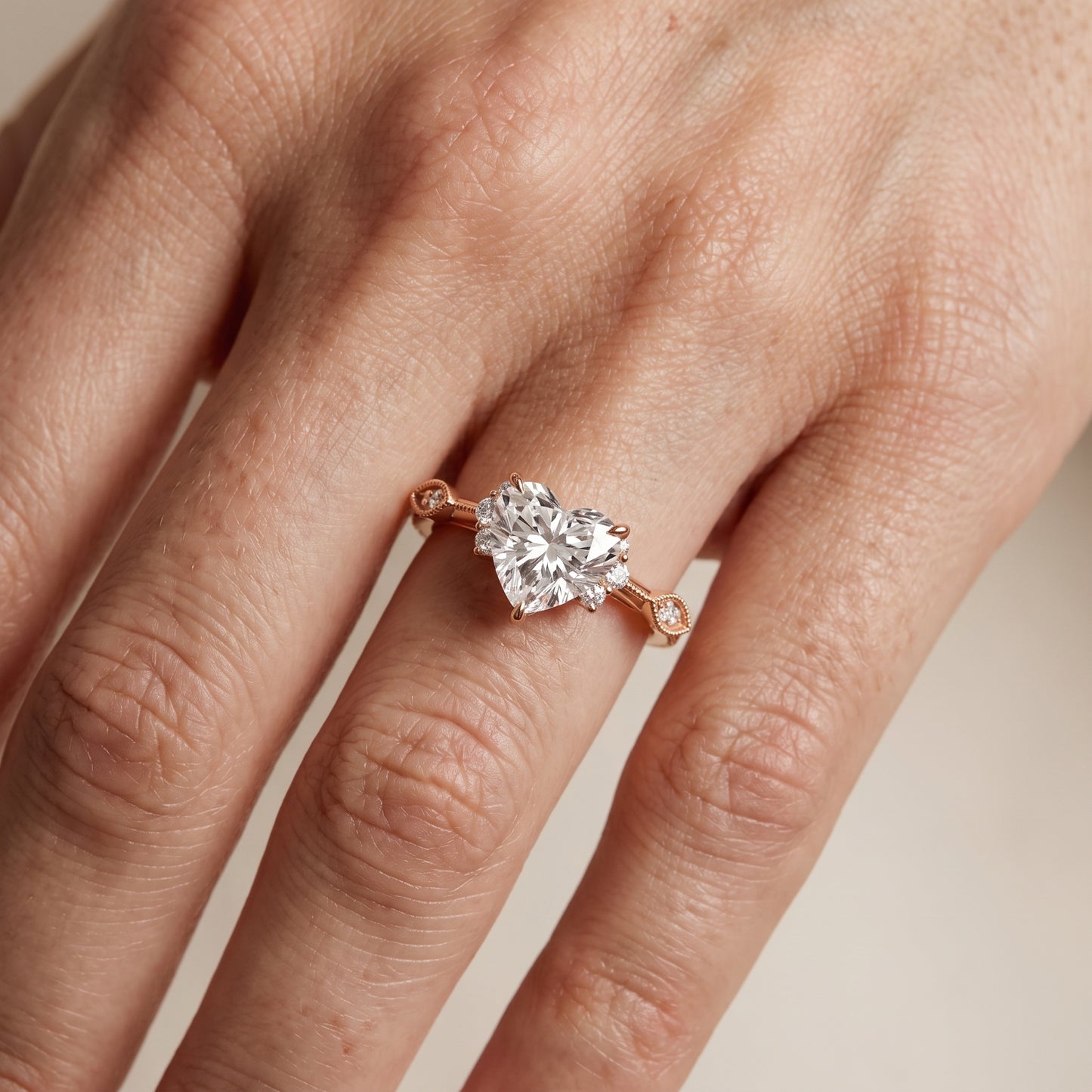 Naomi Vintage Milgrain Heart Diamond Engagement Ring in Rose Gold - lifestyle.jpg