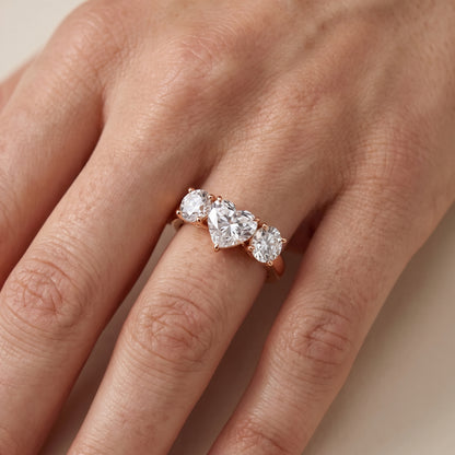 Esme Three-Stone Tapered Heart Diamond Ring in Rose Gold - lifestyle.jpg